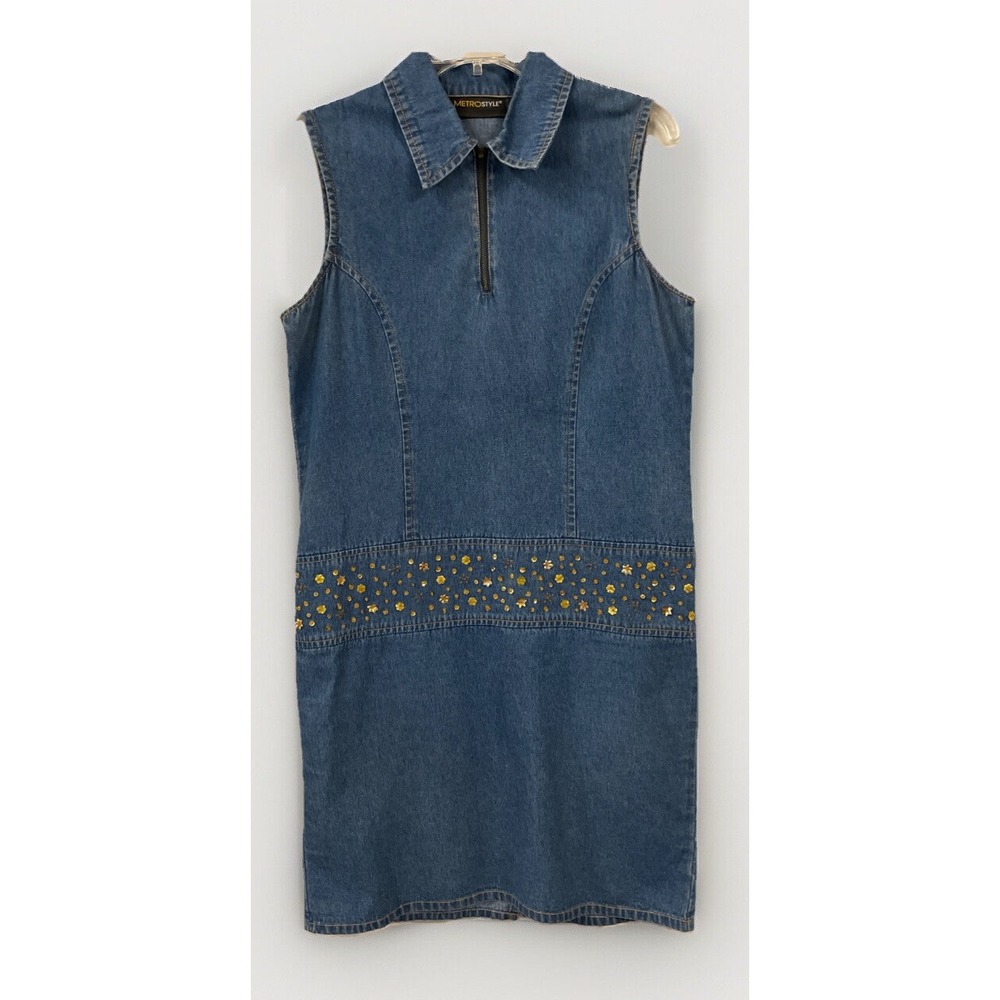 Vintage‎ Metro Style Women's Size 8 Denim Beaded Sleeveless Midi Dress